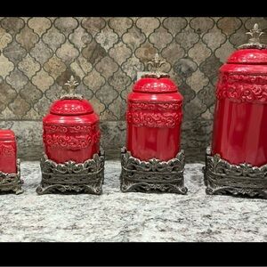 5pc Drake Red Canister Set with Ornate Silver Base 2 smallest is S/P shakers